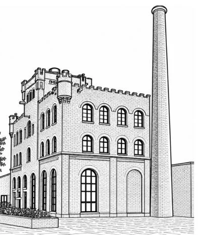 Zeichnung des historischen Sudhauses mit Turm und Bogenfenstern